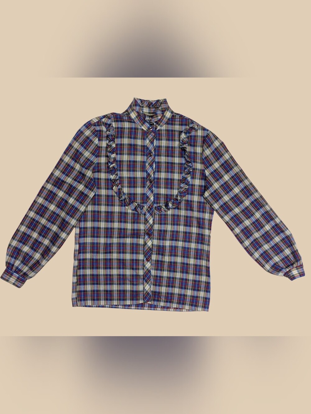 70s Lady Manhattan Plaid Top With Ruffles